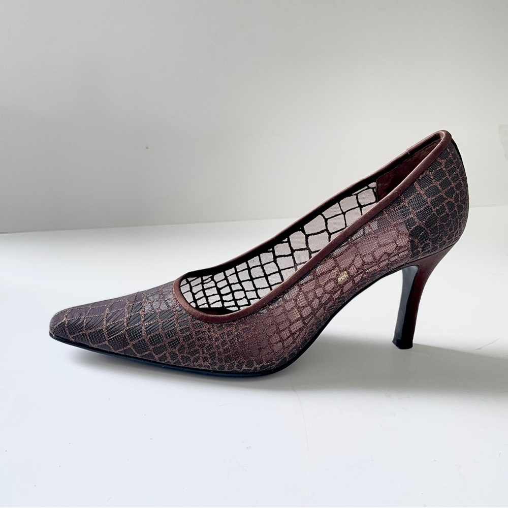 Y2k NINA Black Faux Crocodile Mesh Pointed Toe Pump 3” Heel Glitter Dress Shoe